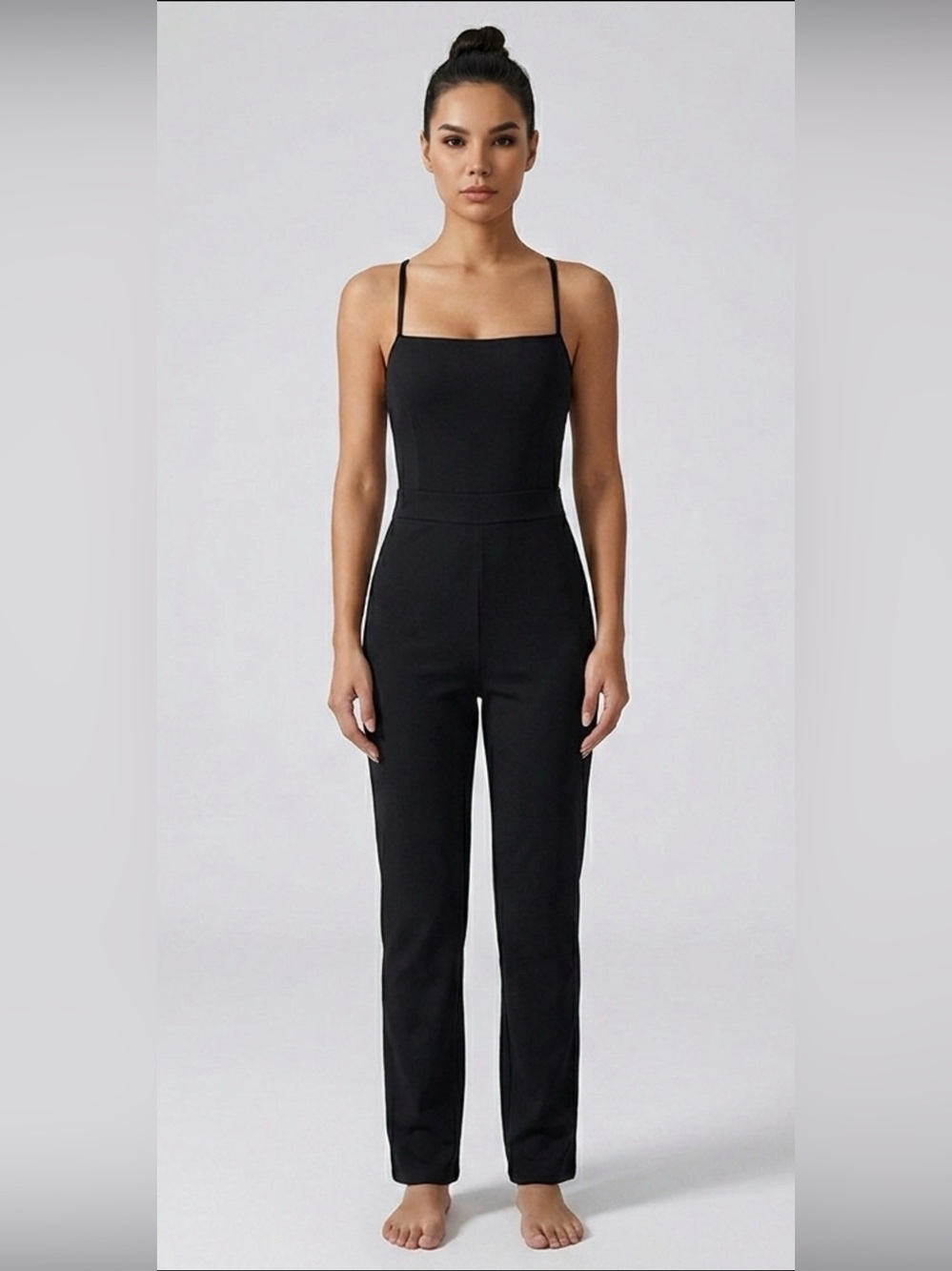 NWOT Black Straight Neck Jumpsuit Open Lace Up Back Size L Fits M